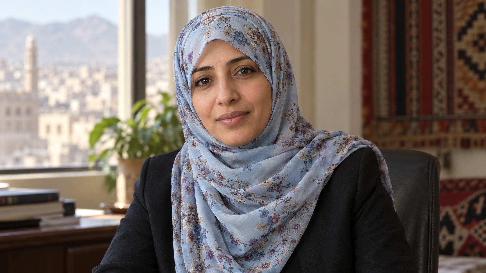 Realistic editorial recreation of Tawakkol Karman for a historical quote post.