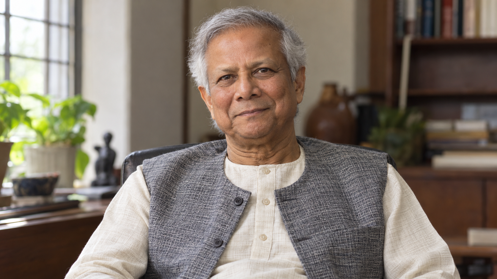 Realistic editorial recreation of Muhammad Yunus for a historical quote post.