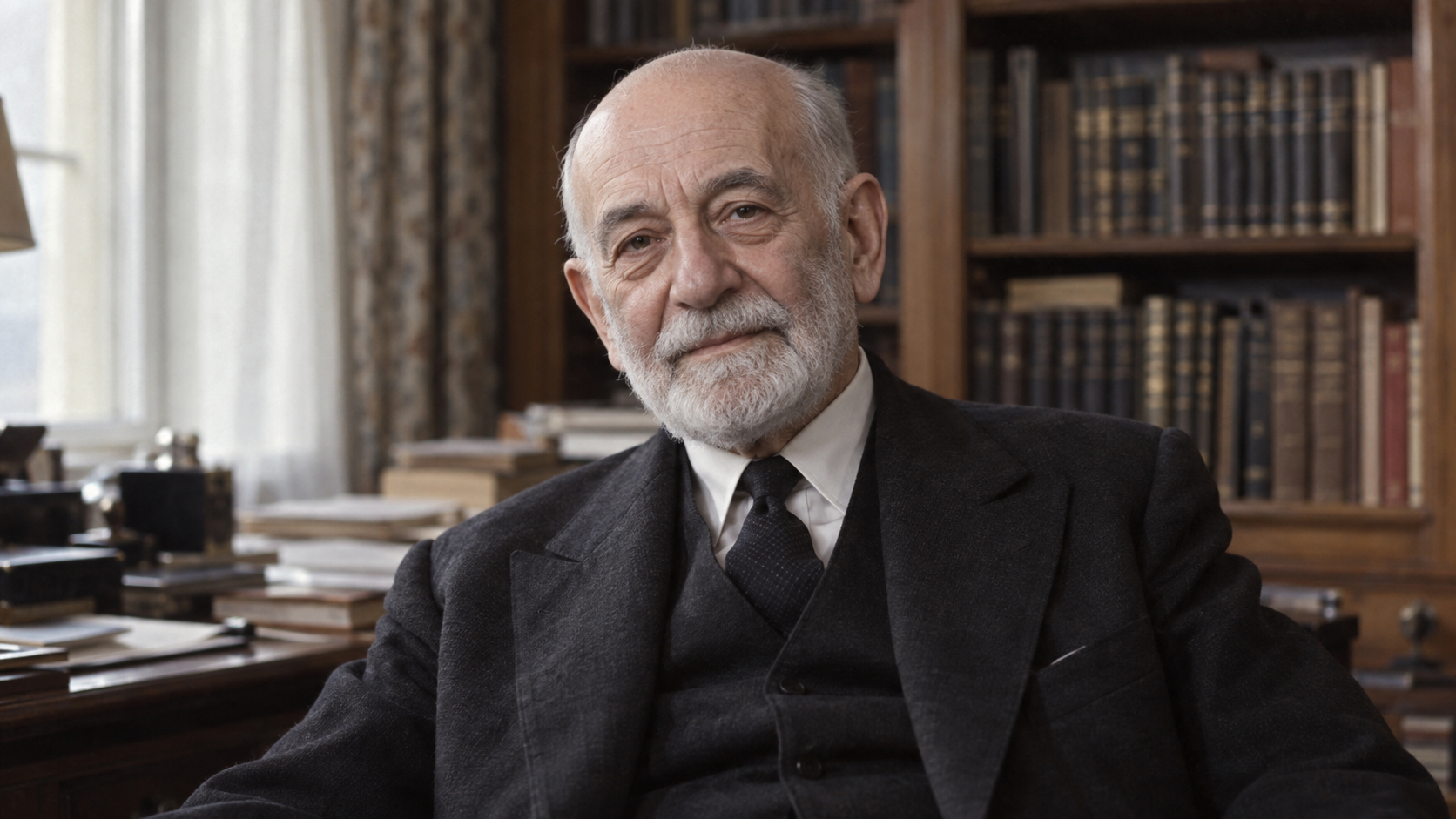 Realistic editorial recreation of René Cassin for a historical quote post.