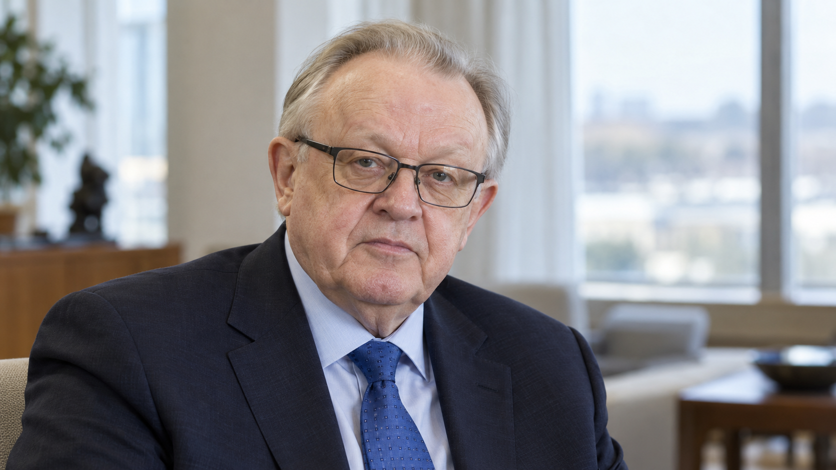 Realistic editorial recreation of Martti Ahtisaari for a historical quote post.