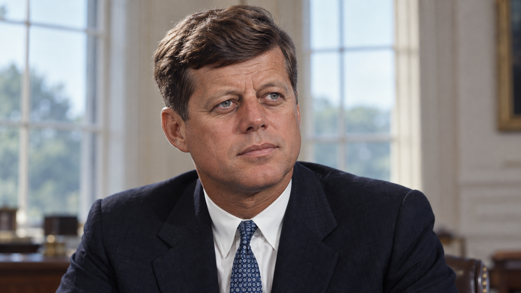 John F. Kennedy in a navy suit beside softly lit government-office windows.