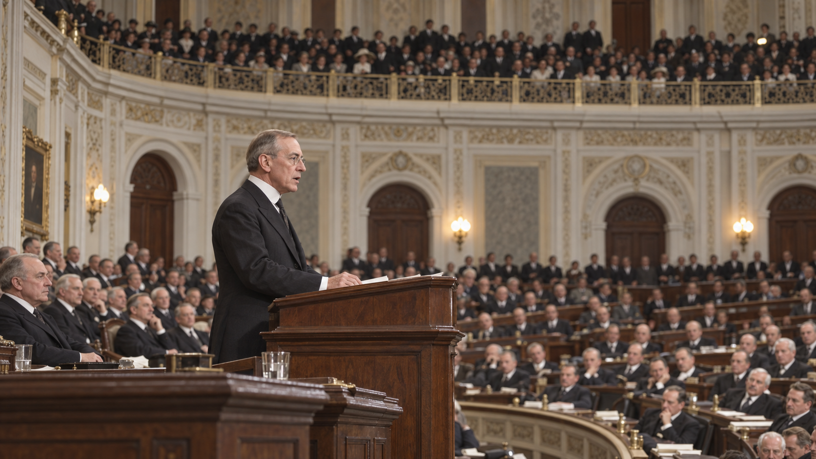 Historical reconstruction of Woodrow Wilson addressing legislators in the ornate House chamber in 1917.