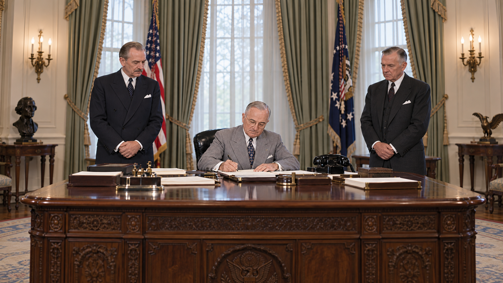 Historical reconstruction of President Harry Truman signing papers at a White House desk in 1948.