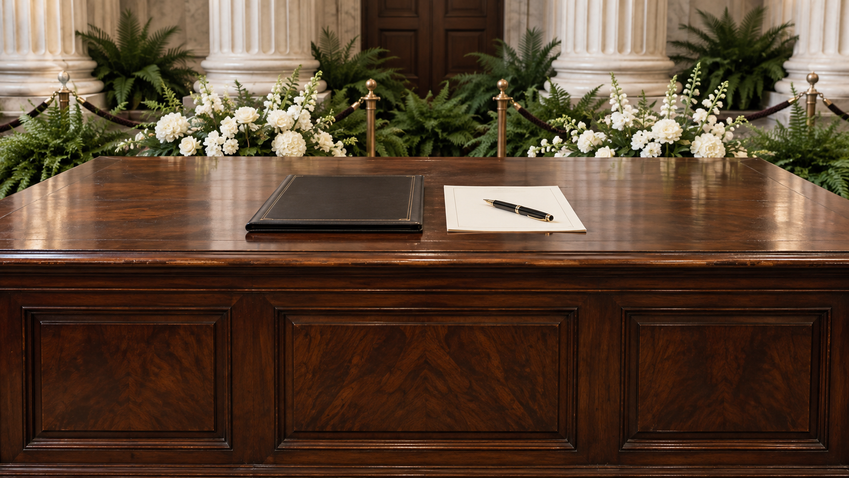 Historical reconstruction of a treaty-signing table in Washington’s Departmental Auditorium in 1949.
