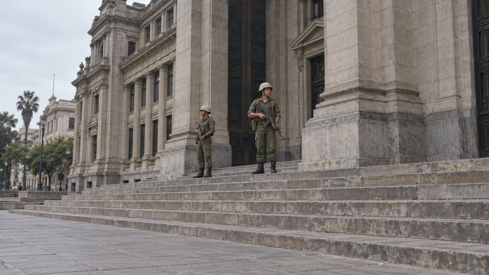 Historical reconstruction of soldiers guarding Lima’s Palace of Justice after the April 1992 self-coup.