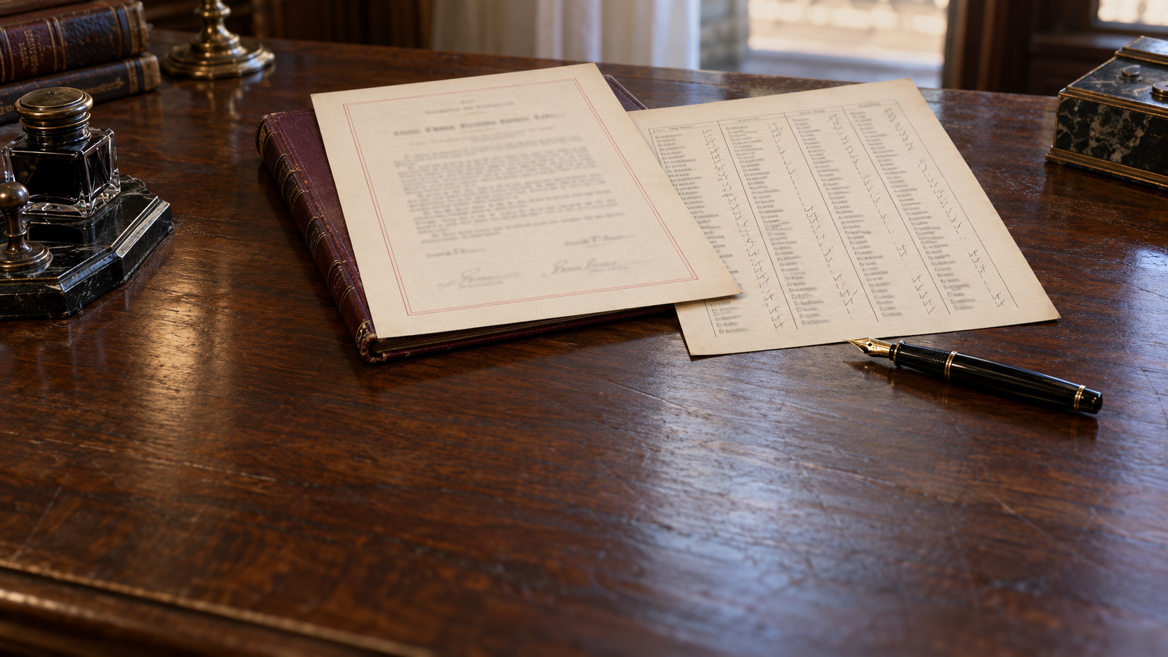Historical reconstruction of cream legislative papers and a fountain pen on a clerk’s desk in 1917.