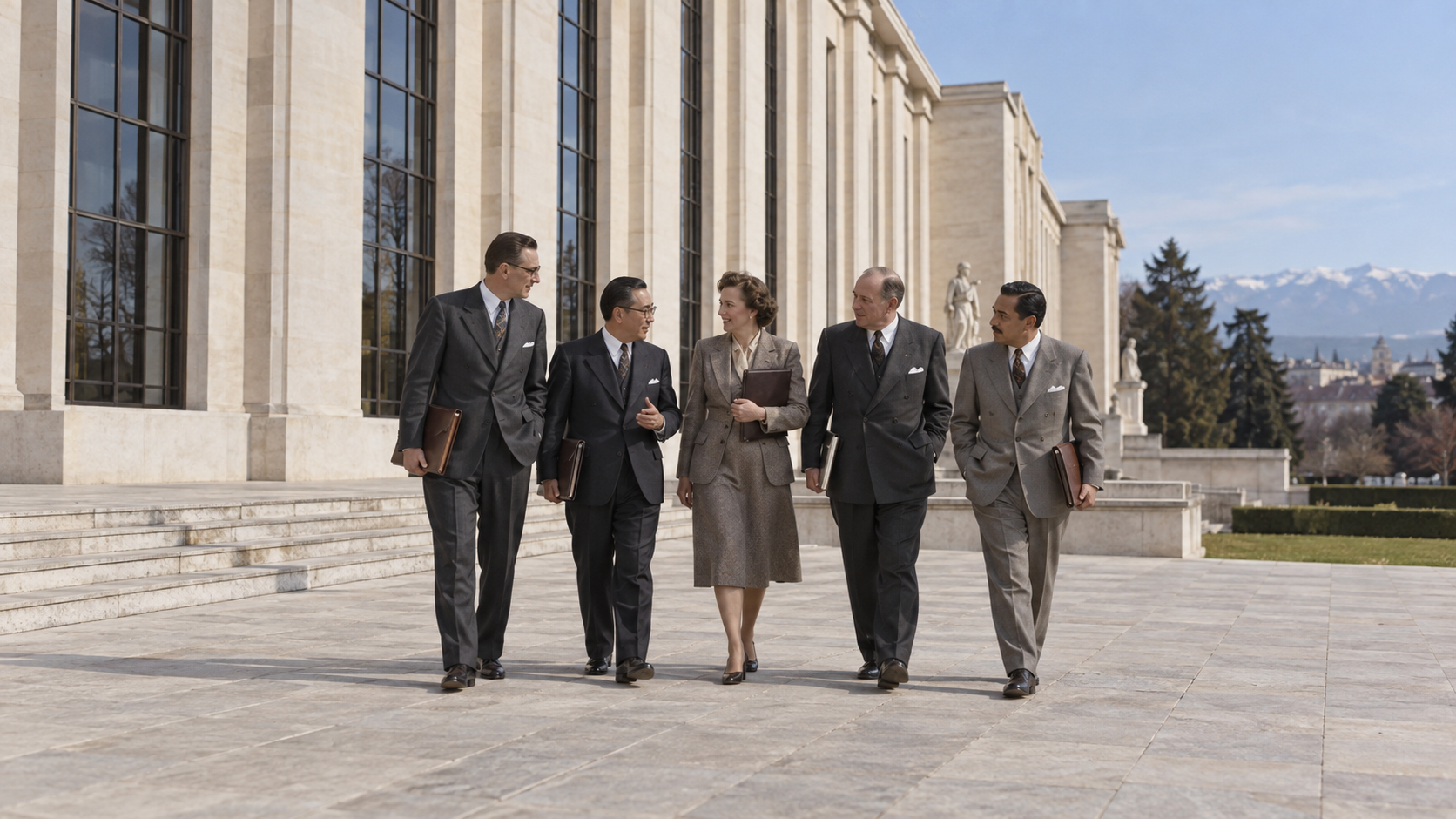 Historical reconstruction of diplomats outside Geneva’s Palais des Nations in the WHO’s founding era.