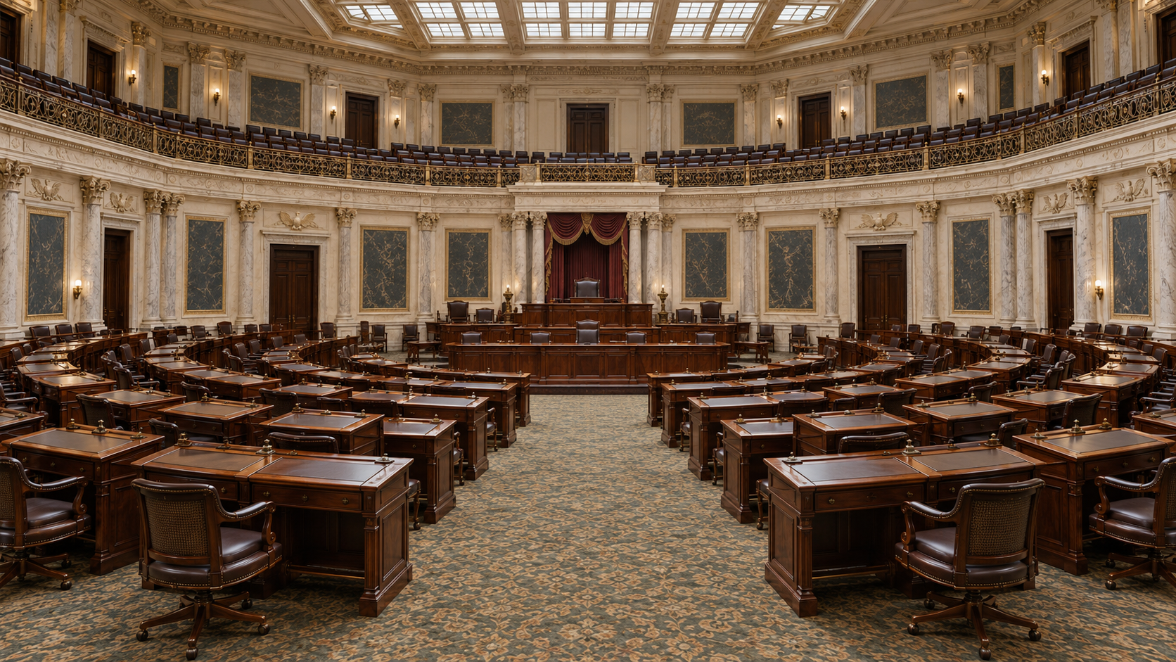 Historical reconstruction of the U.S. Senate chamber with its early twentieth-century desks and skylight.