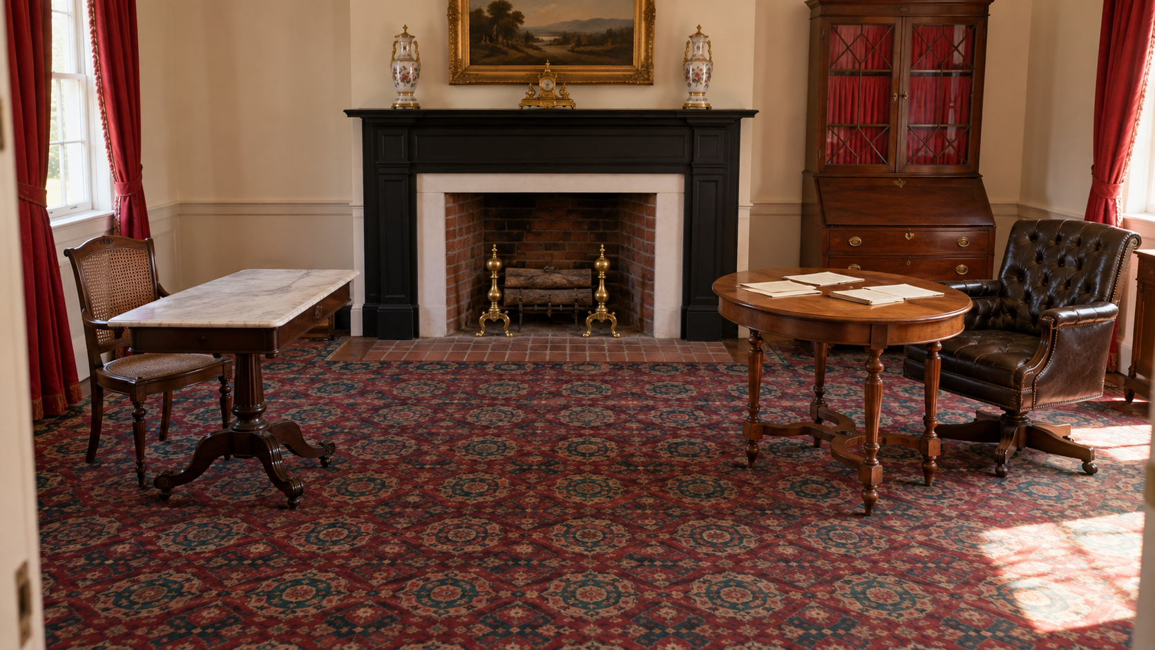 Historical reconstruction of the McLean House parlor and writing tables associated with the Appomattox surrender.