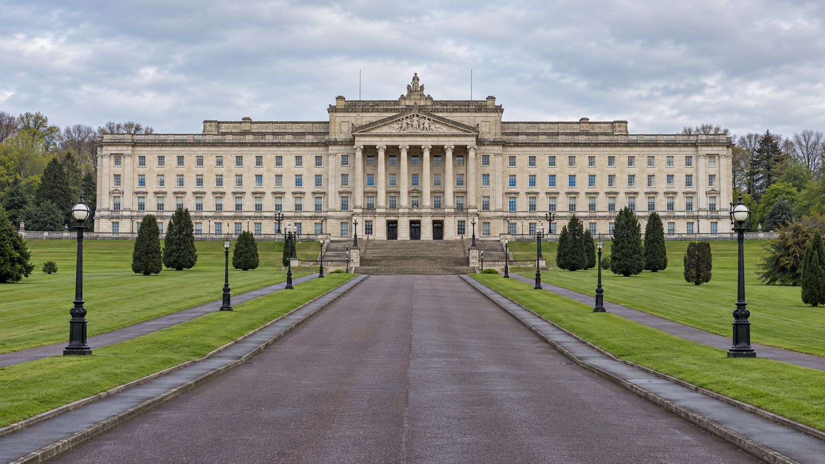 Historical reconstruction of Belfast’s Stormont Parliament Buildings, a setting associated with Northern Ireland’s devolved government.