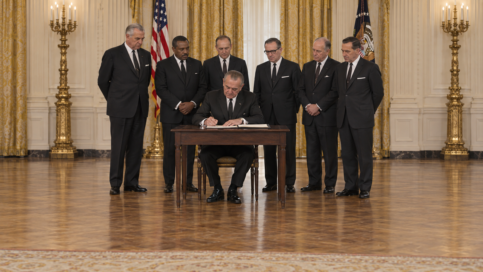 Historical reconstruction of Lyndon Johnson signing the 1968 civil-rights legislation in the White House East Room.