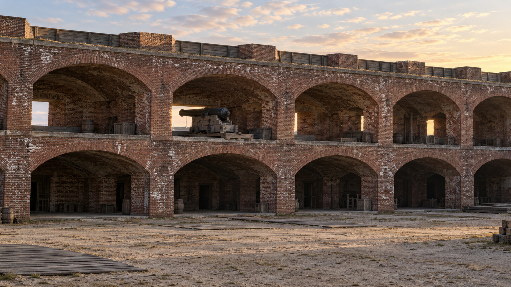 Historical reconstruction of Fort Sumter’s brick casemates and artillery in April 1861.