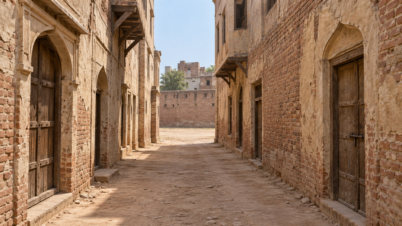 Historical reconstruction of a narrow brick-and-plaster access lane near Jallianwala Bagh in 1919.