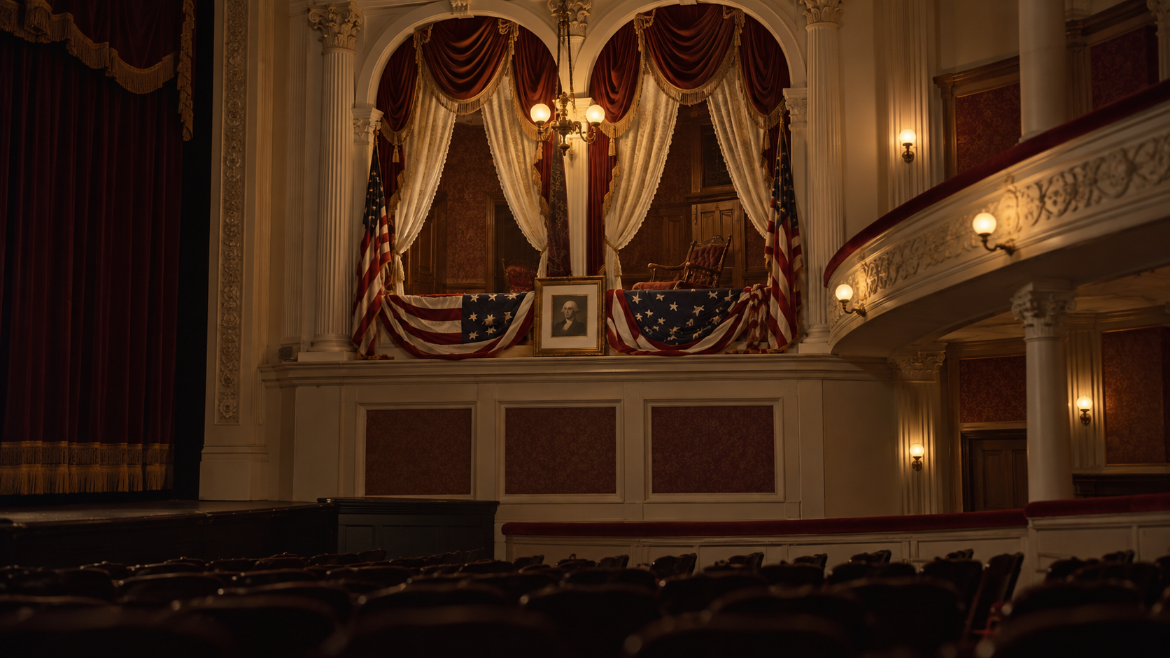 Historical reconstruction of the empty presidential box at Ford’s Theatre in April 1865.