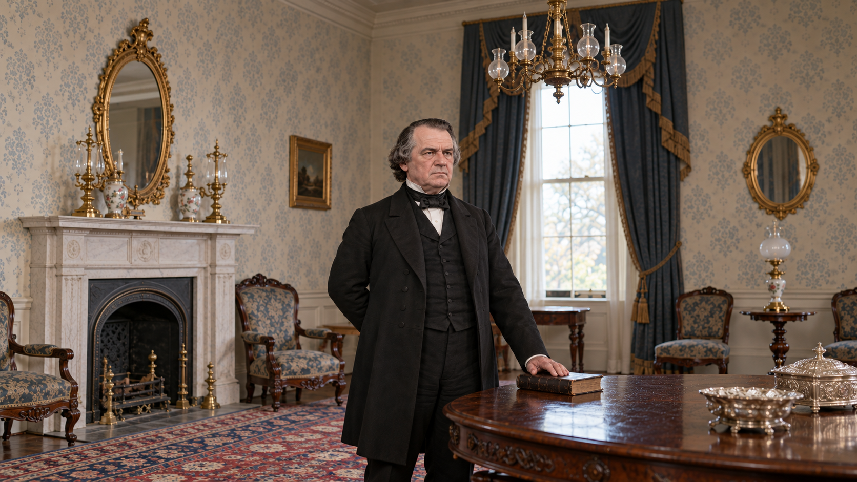 Historical reconstruction of Andrew Johnson in a period Kirkwood House hotel parlor in 1865.