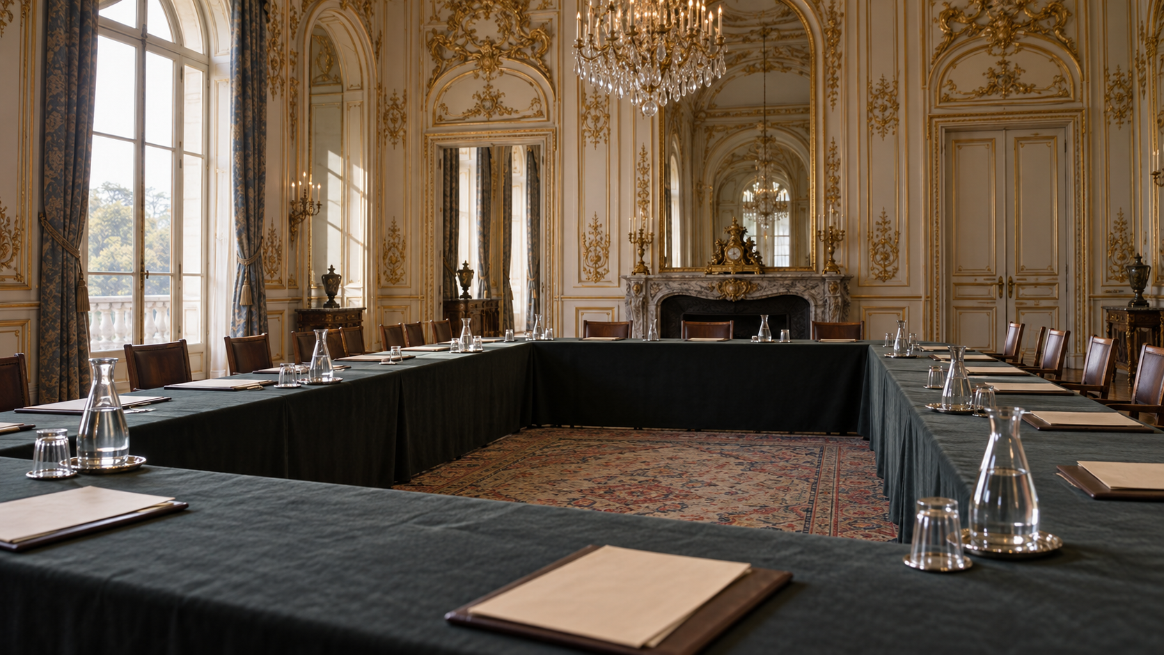 Historical reconstruction of a postwar OEEC conference room at the Château de la Muette in Paris.
