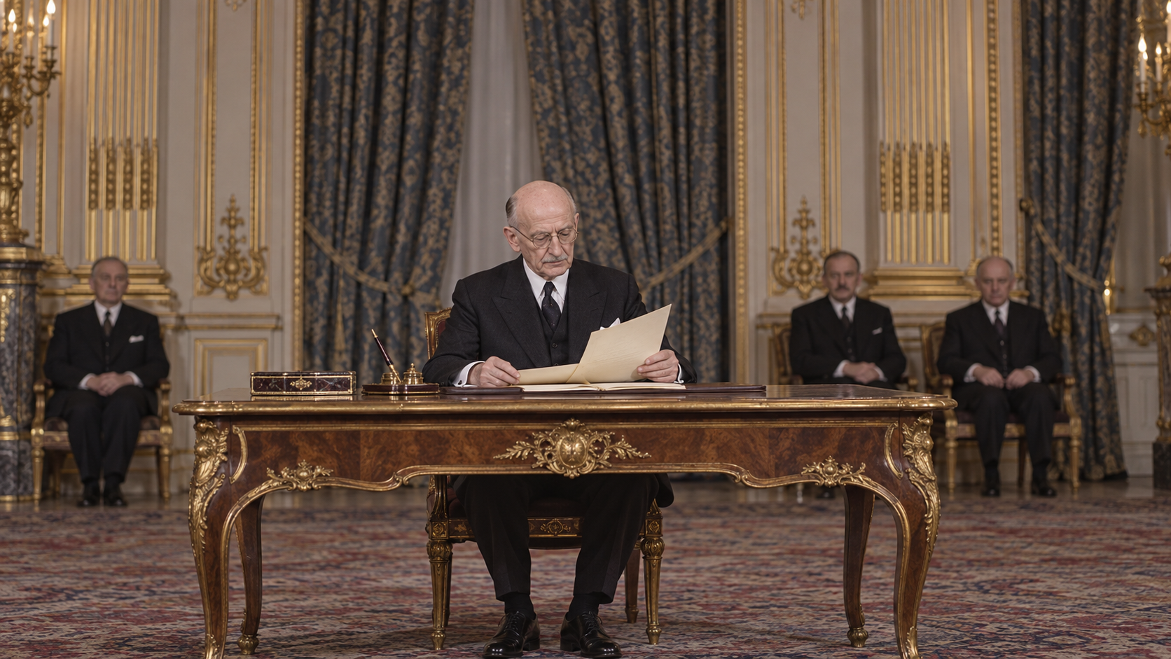 Historical reconstruction of Robert Schuman reviewing documents in a Paris diplomatic room in 1951.