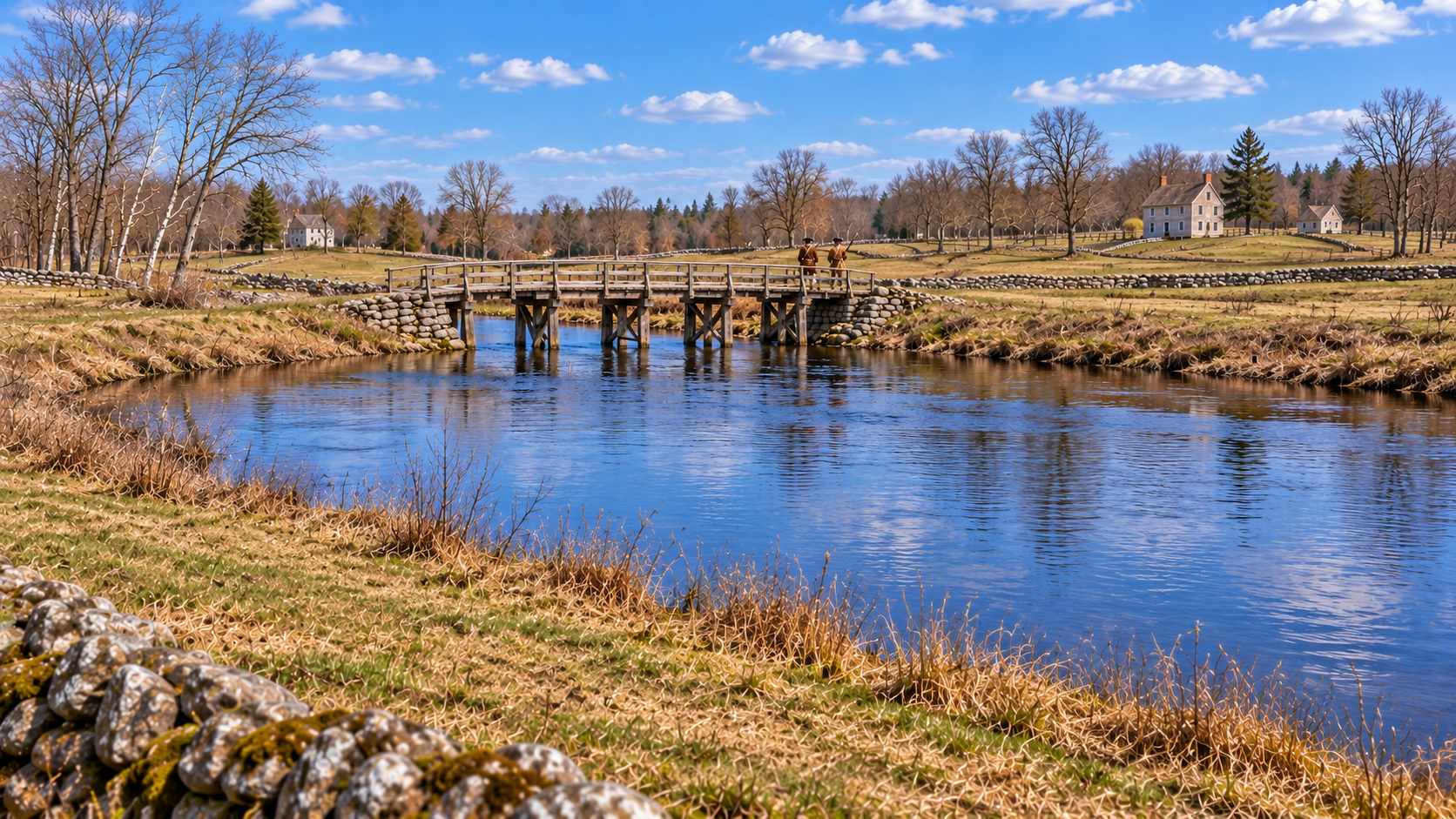 Historical reconstruction of the wooden North Bridge and colonial militia near Concord in April 1775.