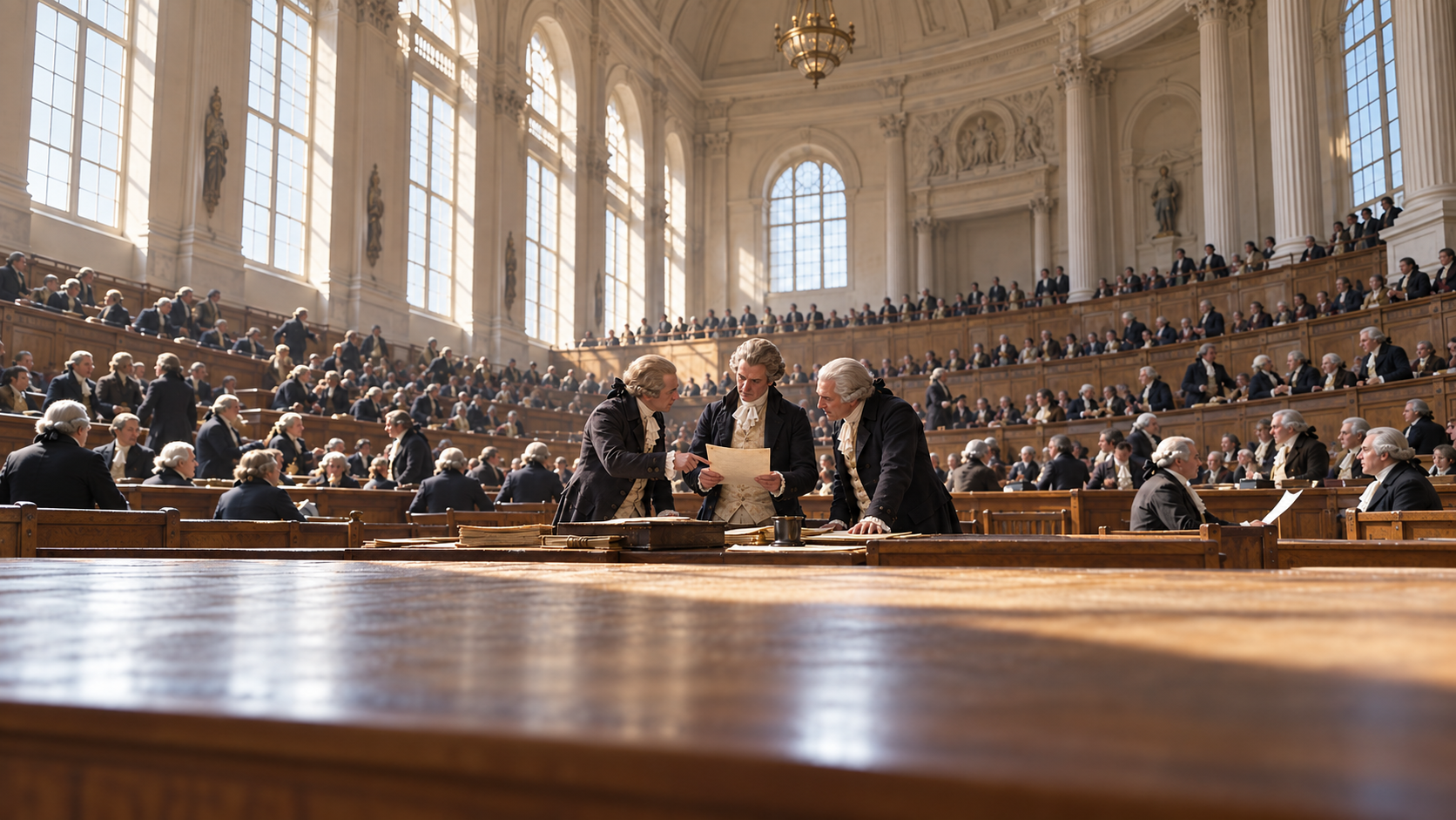 Historical reconstruction of French deputies reviewing a document in a legislative chamber in 1792.