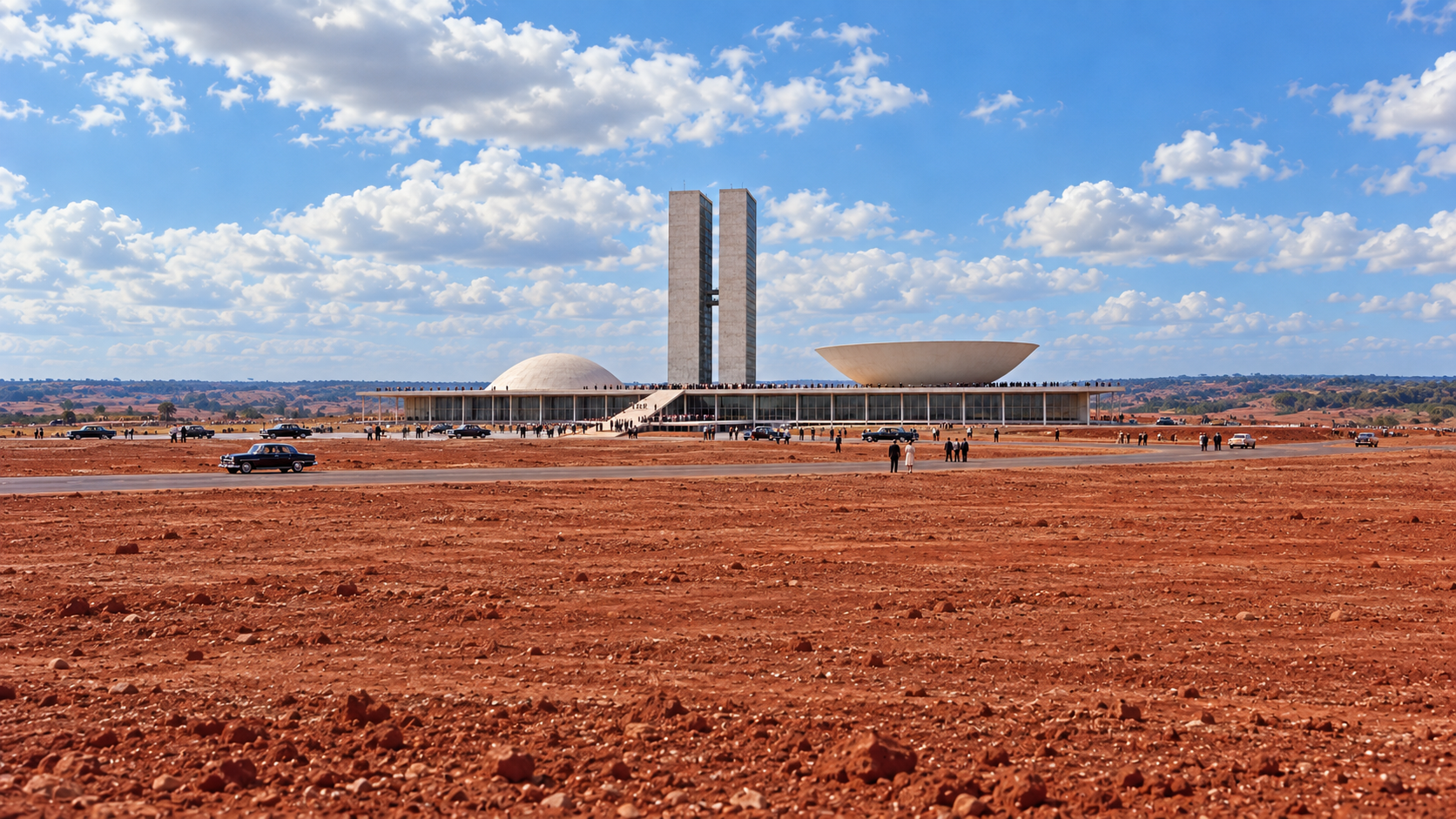 Historical reconstruction of Brazil’s National Congress complex at Brasília’s inauguration in 1960.