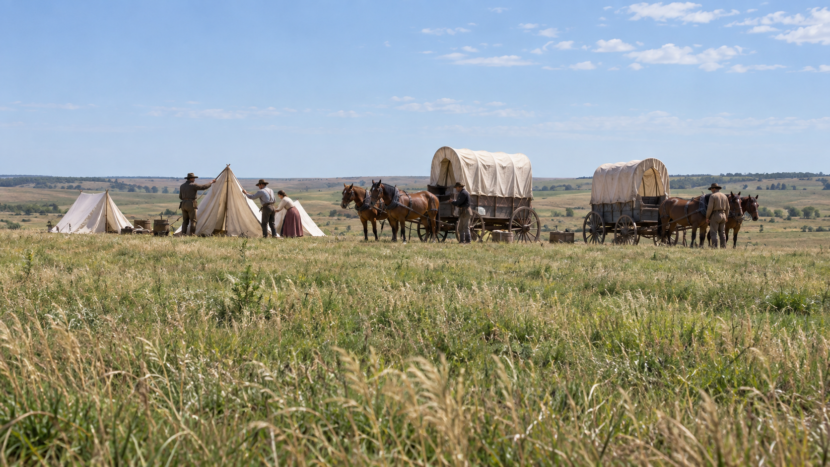 Historical reconstruction of settlers pitching tents beside covered wagons near Guthrie in April 1889.