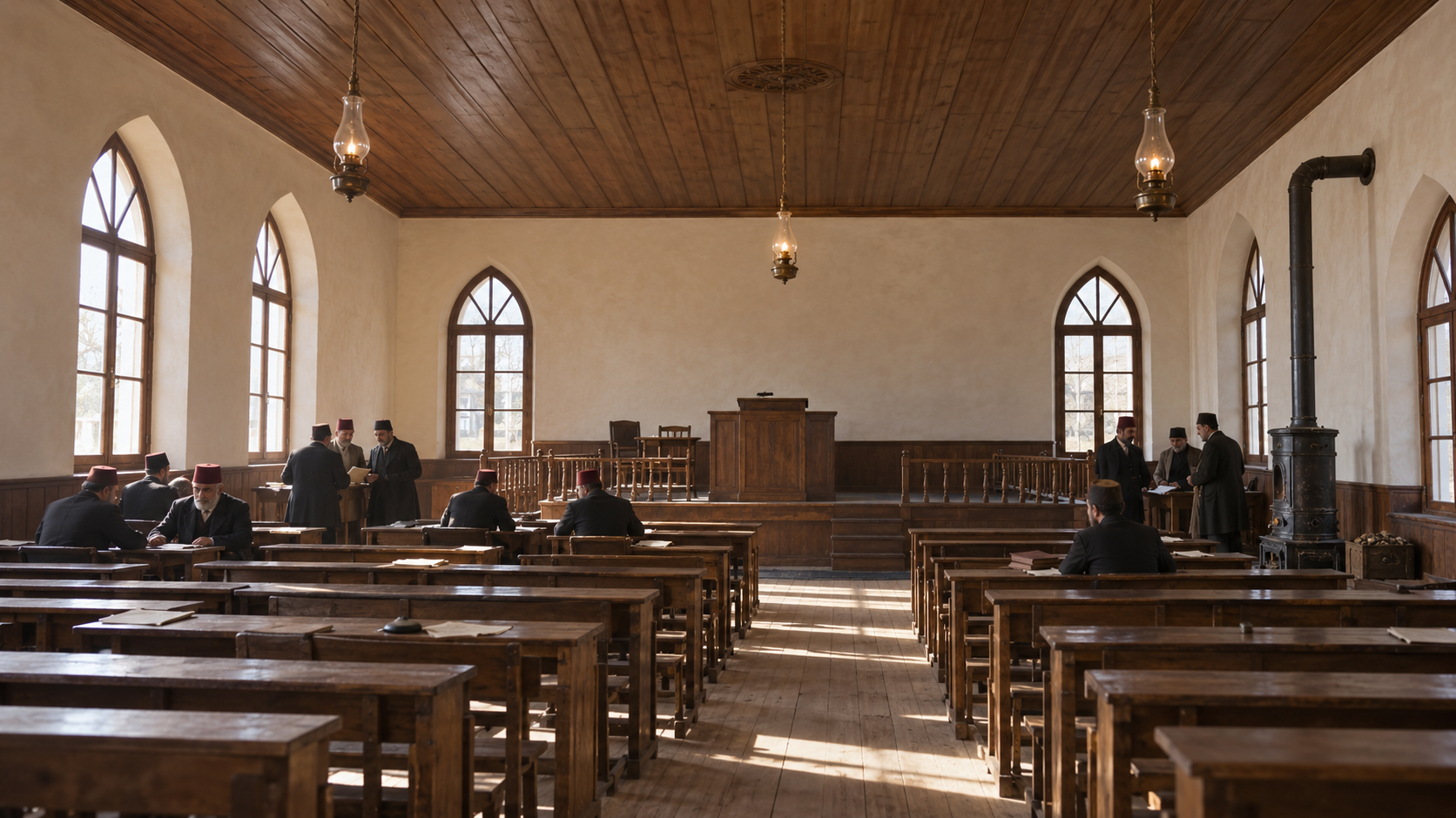 Historical reconstruction of deputies in a modest Ankara assembly chamber in 1920.