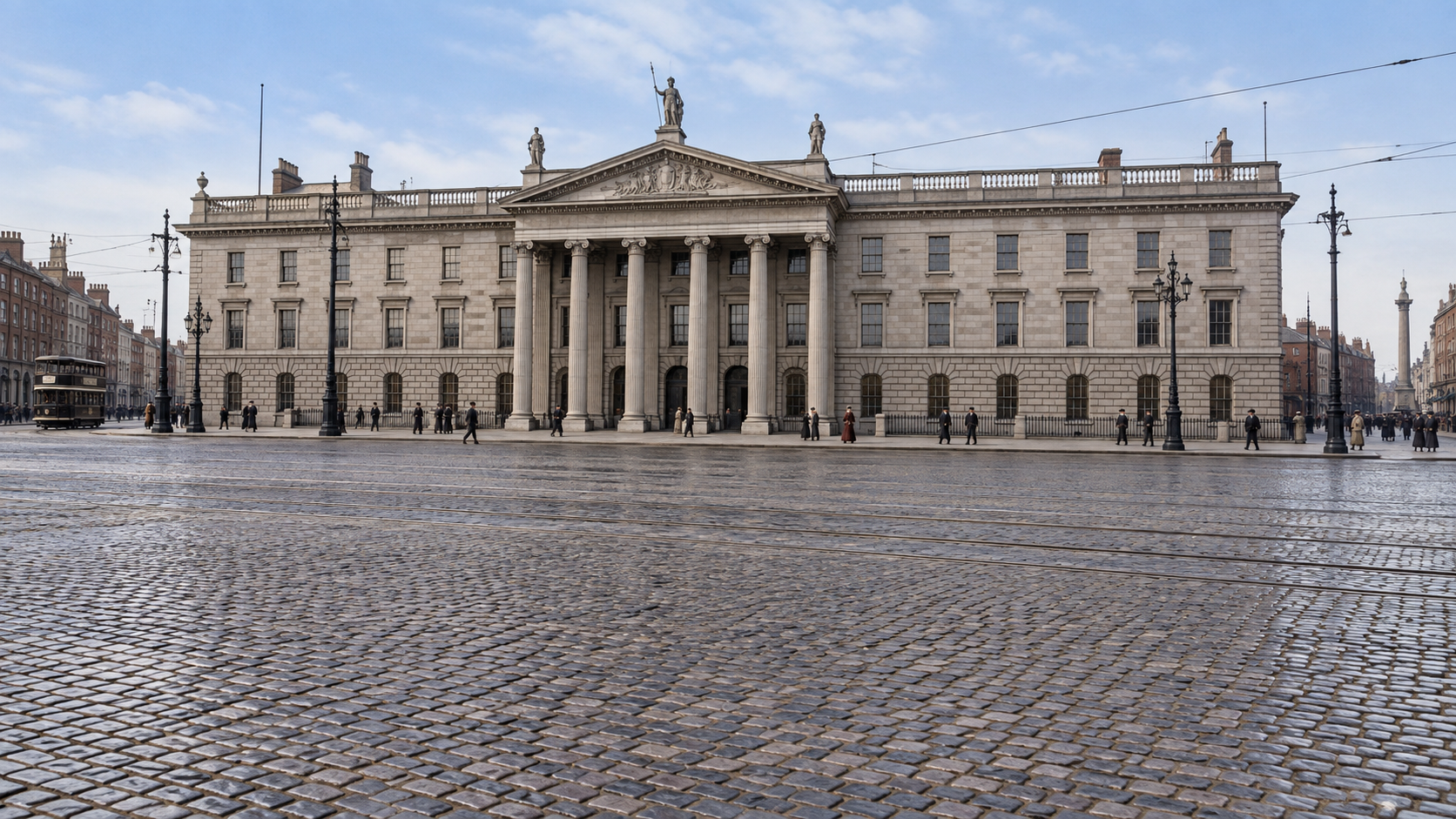 Historical reconstruction of Dublin’s General Post Office and Sackville Street at the beginning of the 1916 Easter Rising.