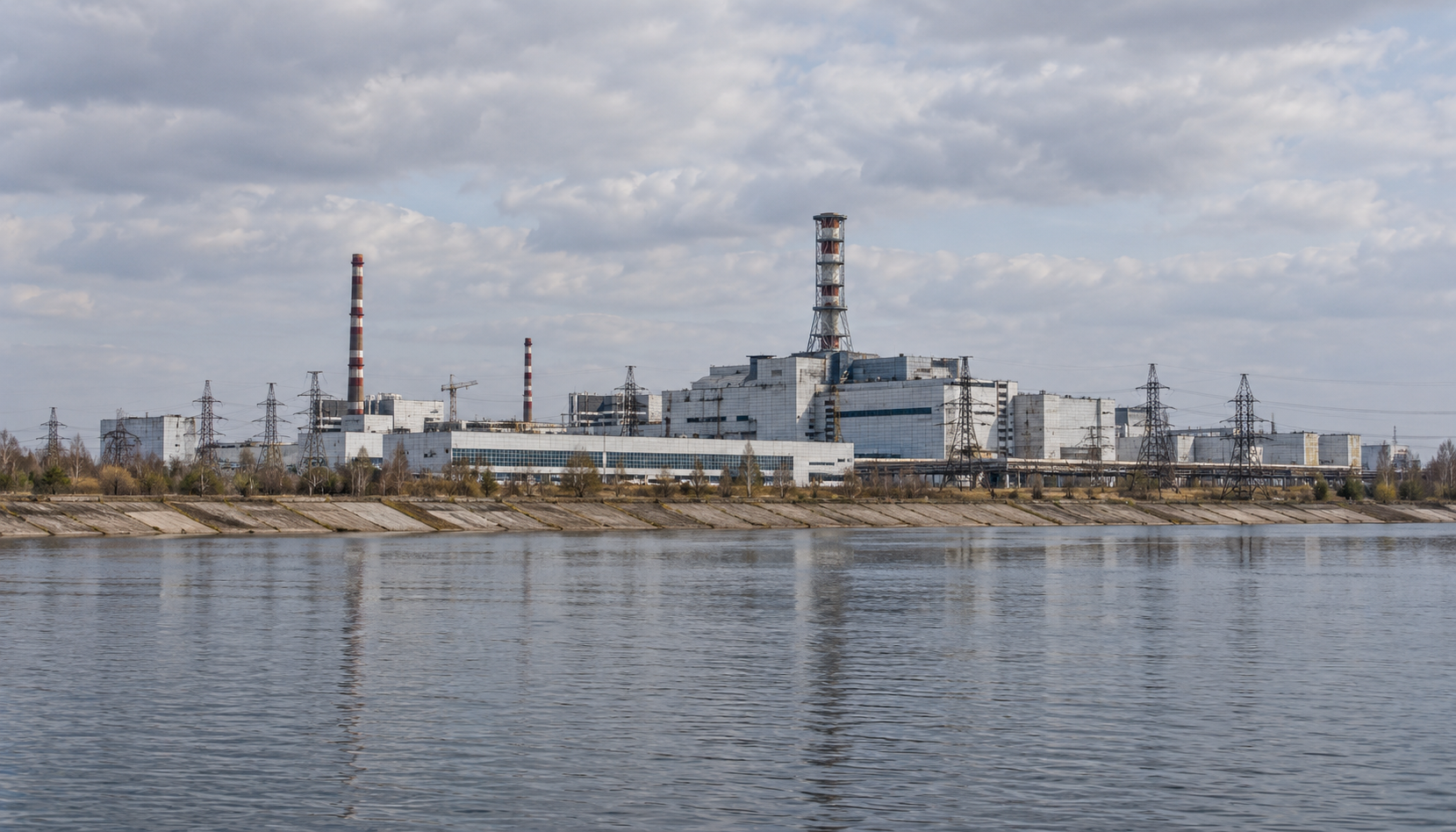 AI-generated reconstruction of the Chernobyl nuclear power station before the 1986 accident, viewed across a cooling canal.