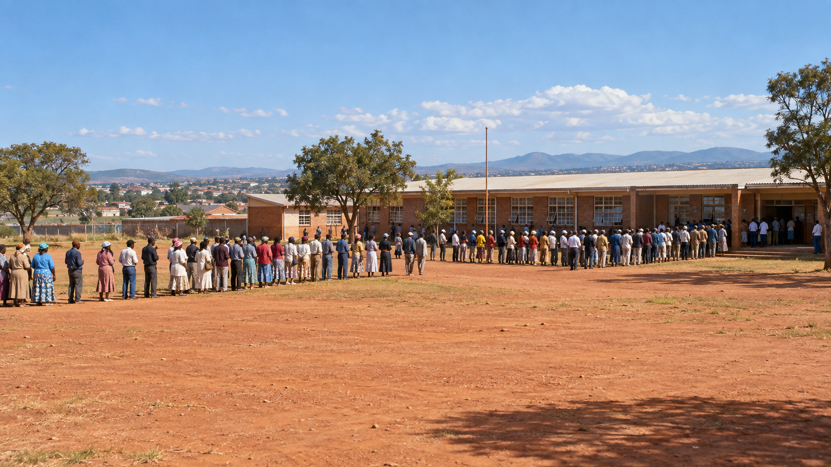 AI-generated reconstruction of South African voters queuing outside a school polling station during the April 1994 election.