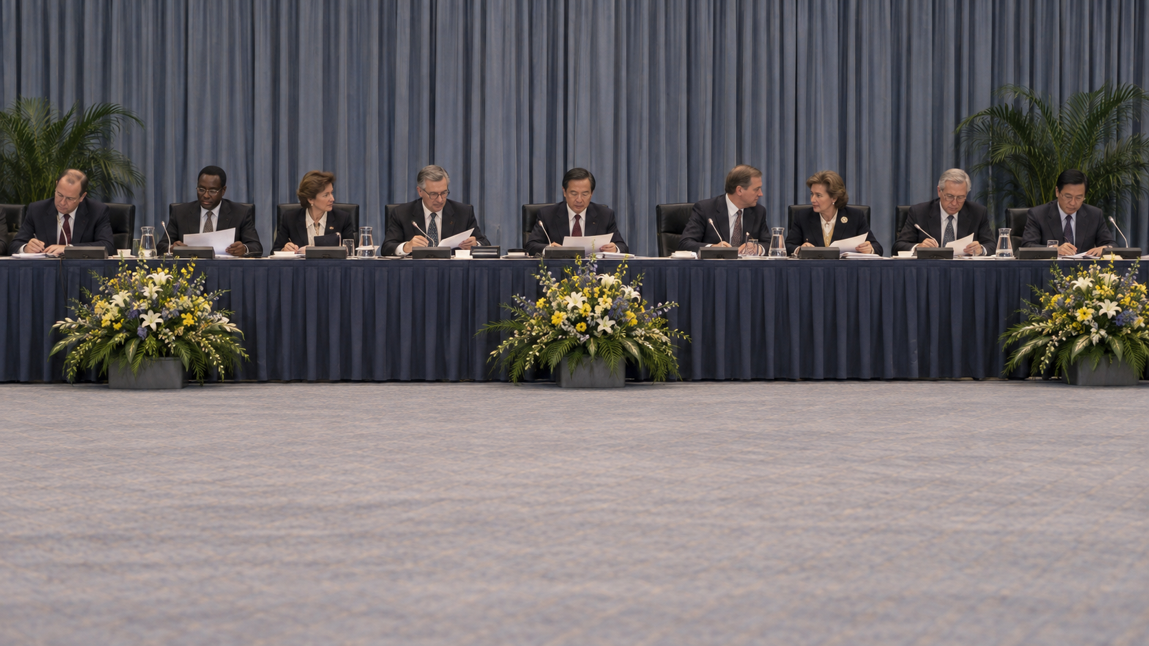AI-generated contextual reconstruction of international delegates reviewing disarmament documents in a 1990s conference hall.