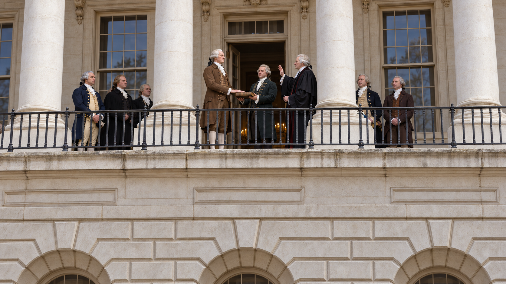 AI-generated historical reconstruction of George Washington taking the presidential oath on the balcony of the original Federal Hall in 1789.