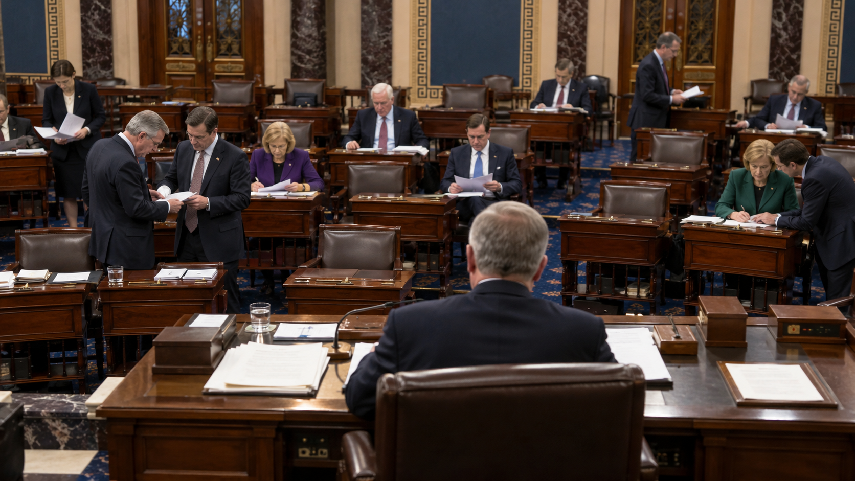 Conceptual realistic scene of lawmakers considering a procedural agreement in a legislative chamber