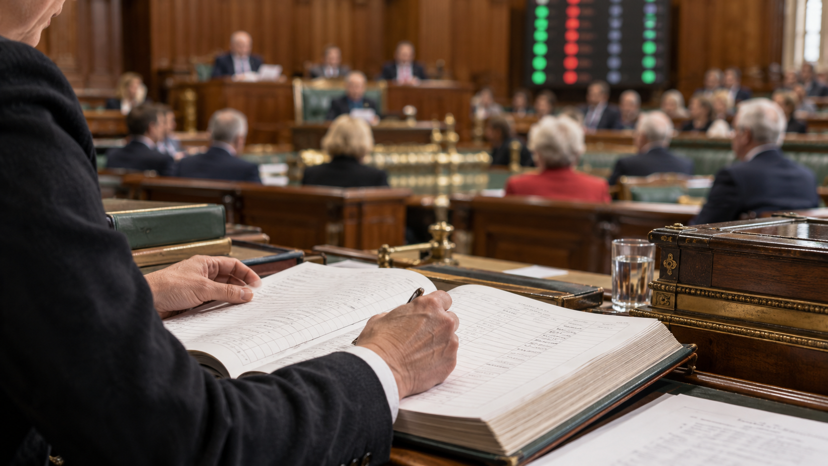 Conceptual realistic view of a legislative clerk checking voting records