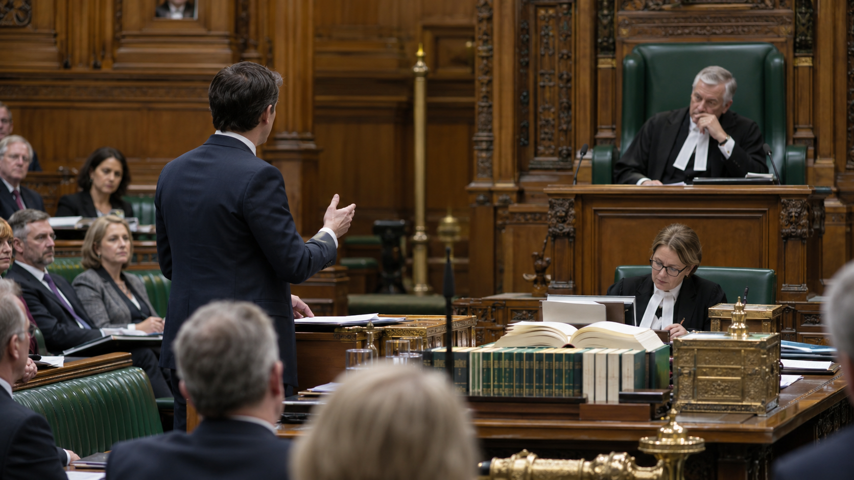 Conceptual realistic parliamentary scene of a member raising a procedural objection