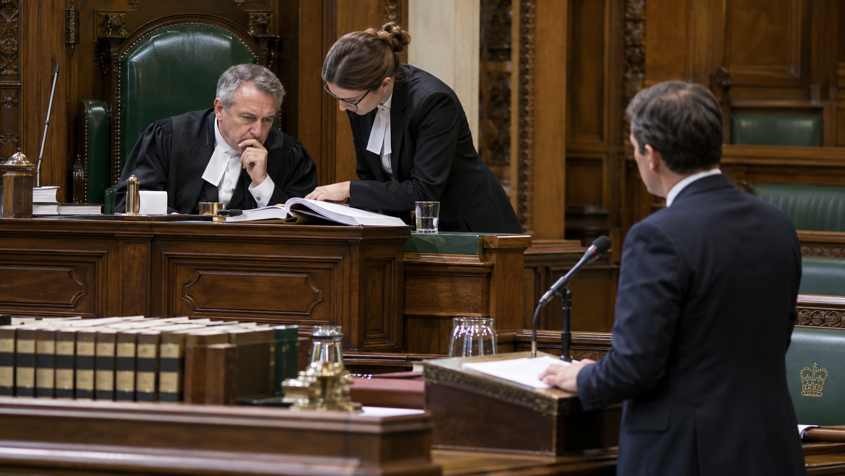 Conceptual realistic scene of parliamentary officials consulting a procedural manual