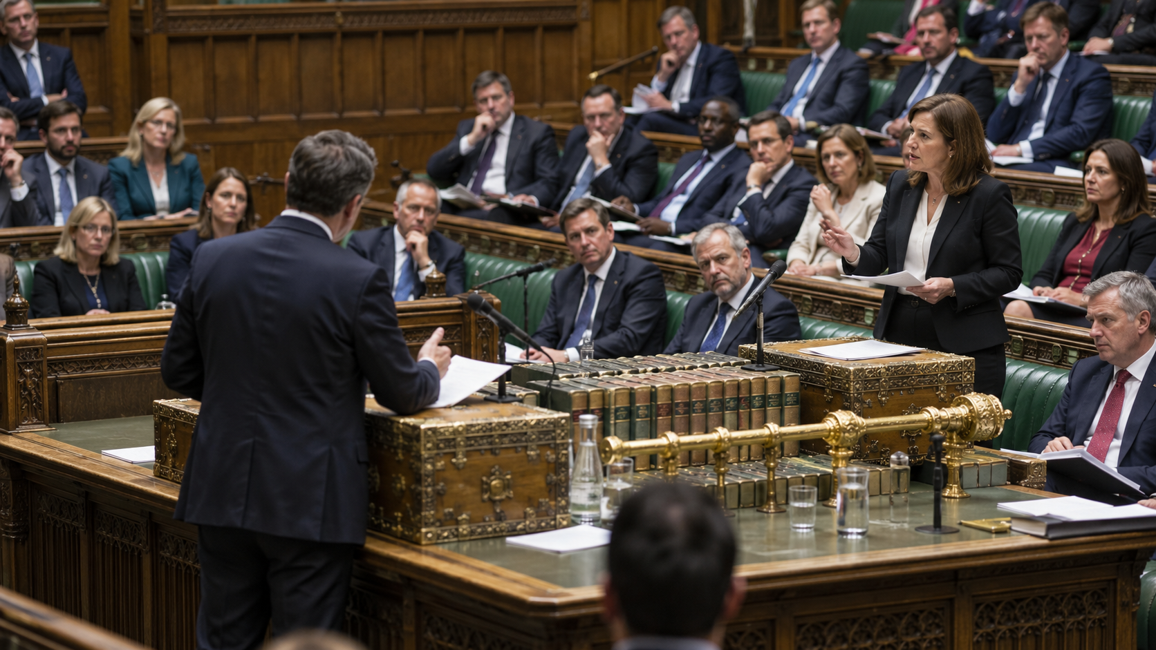 Conceptual realistic view of a minister answering questions in a parliamentary chamber