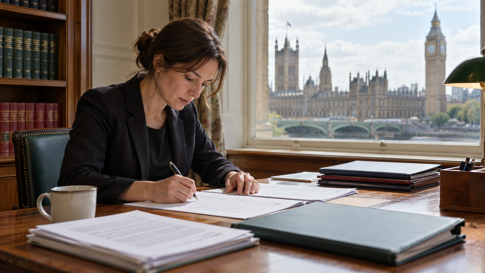 Conceptual realistic scene of a parliamentary researcher preparing written questions