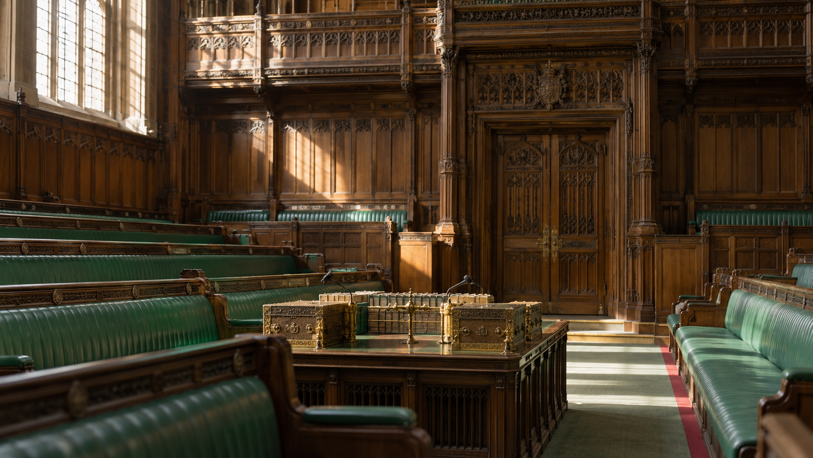 Conceptual realistic image of a quiet parliamentary chamber between sessions