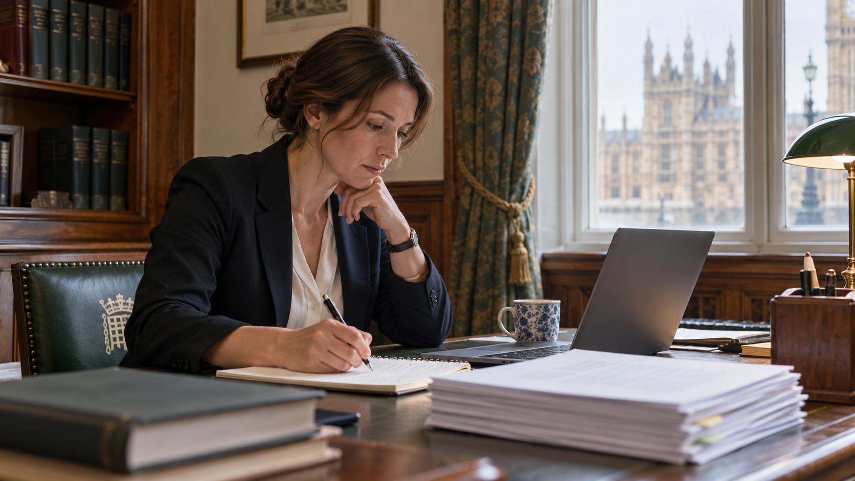 Conceptual realistic view of a backbench lawmaker preparing a proposed bill