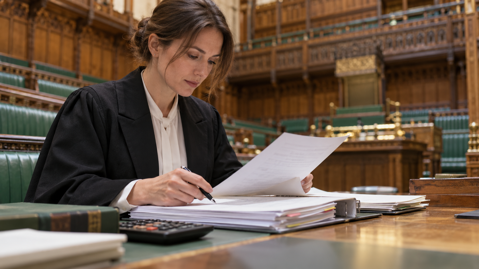Conceptual realistic parliamentary desk with finance papers being reviewed
