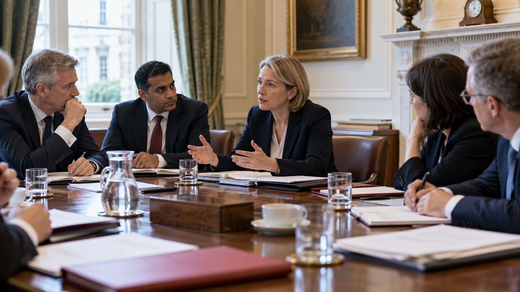 Conceptual realistic cabinet meeting with ministers considering policy papers