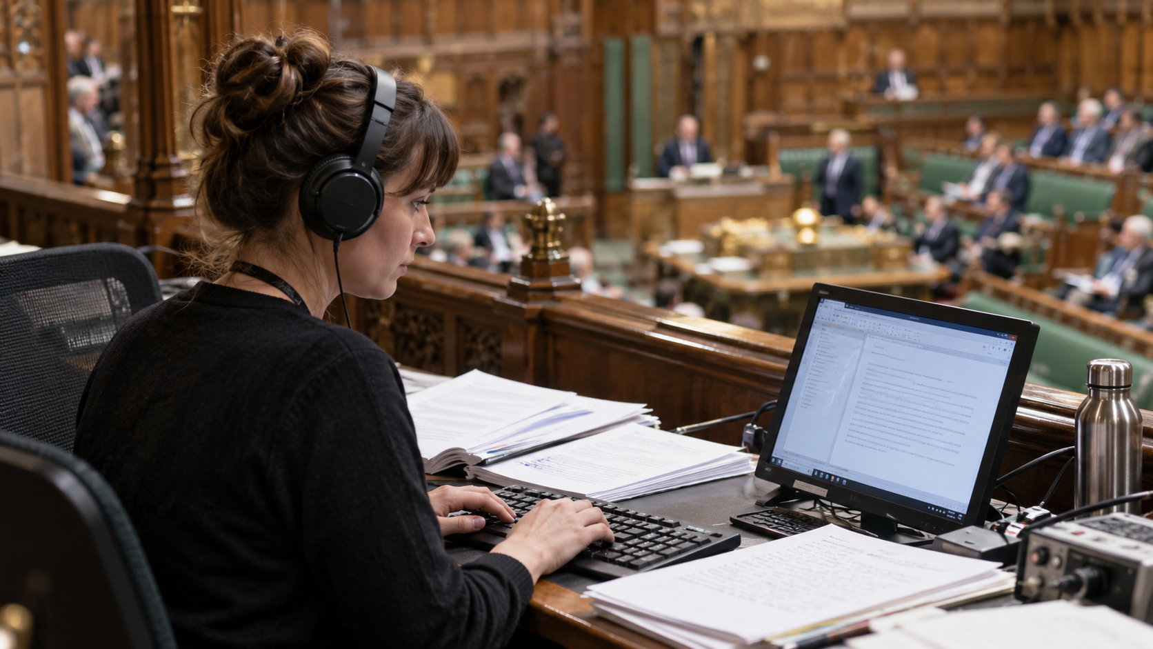 Conceptual realistic scene of a parliamentary reporter transcribing proceedings