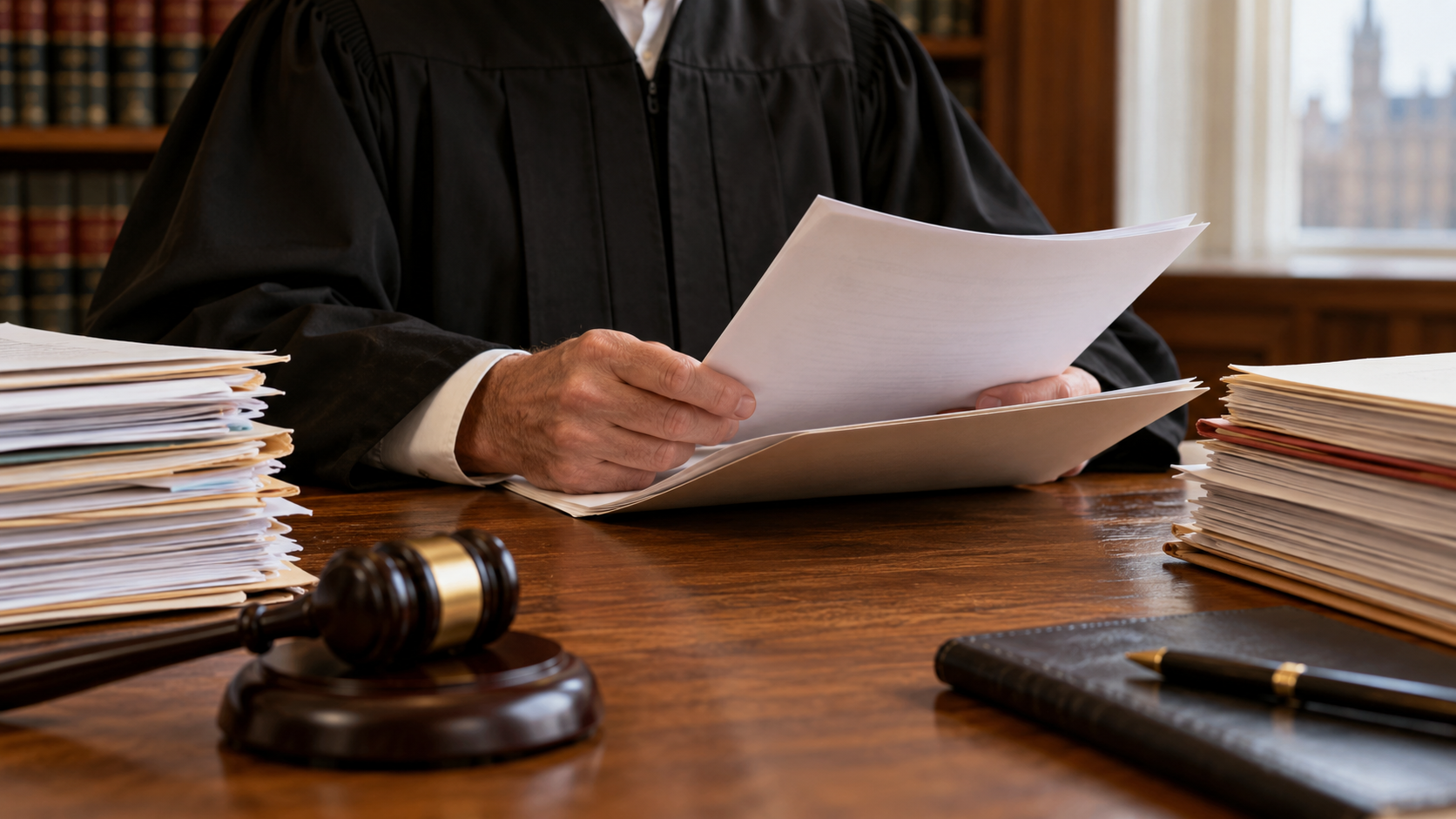 Conceptual realistic image of judicial hands reviewing a separate written opinion
