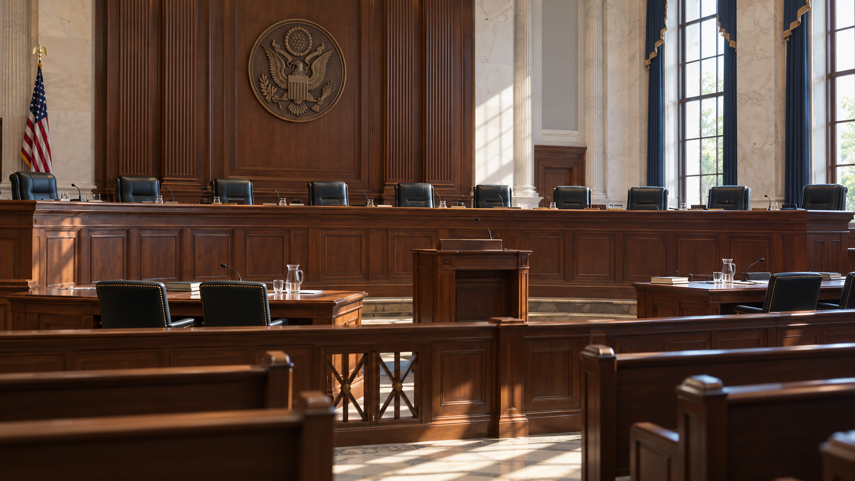 Conceptual realistic view of a broad appellate courtroom bench
