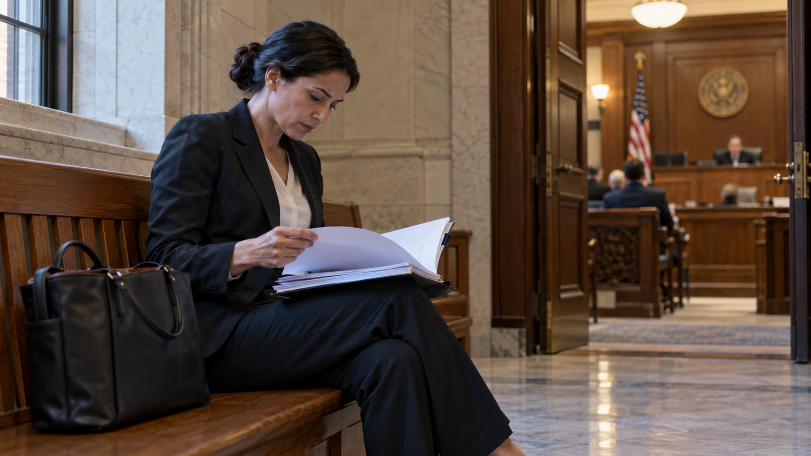 Conceptual realistic view of appellate papers while a trial courtroom remains in use