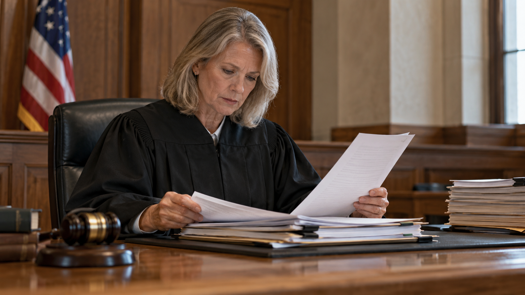Conceptual realistic scene of a judge reviewing documentary evidence before trial