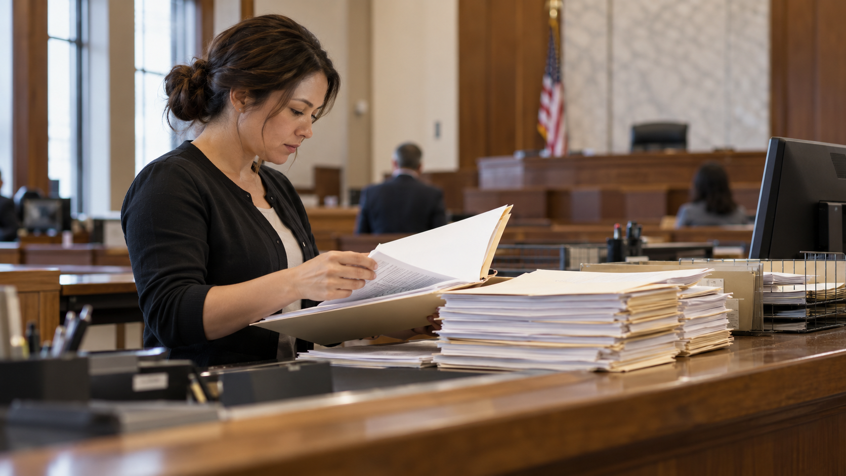Conceptual realistic view of a court clerk handling an unanswered civil case file
