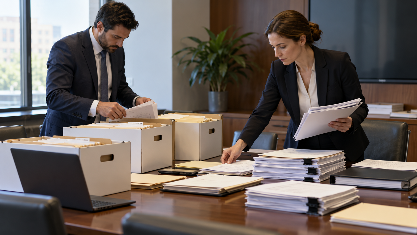 Conceptual realistic image of litigation attorneys organizing discovery records