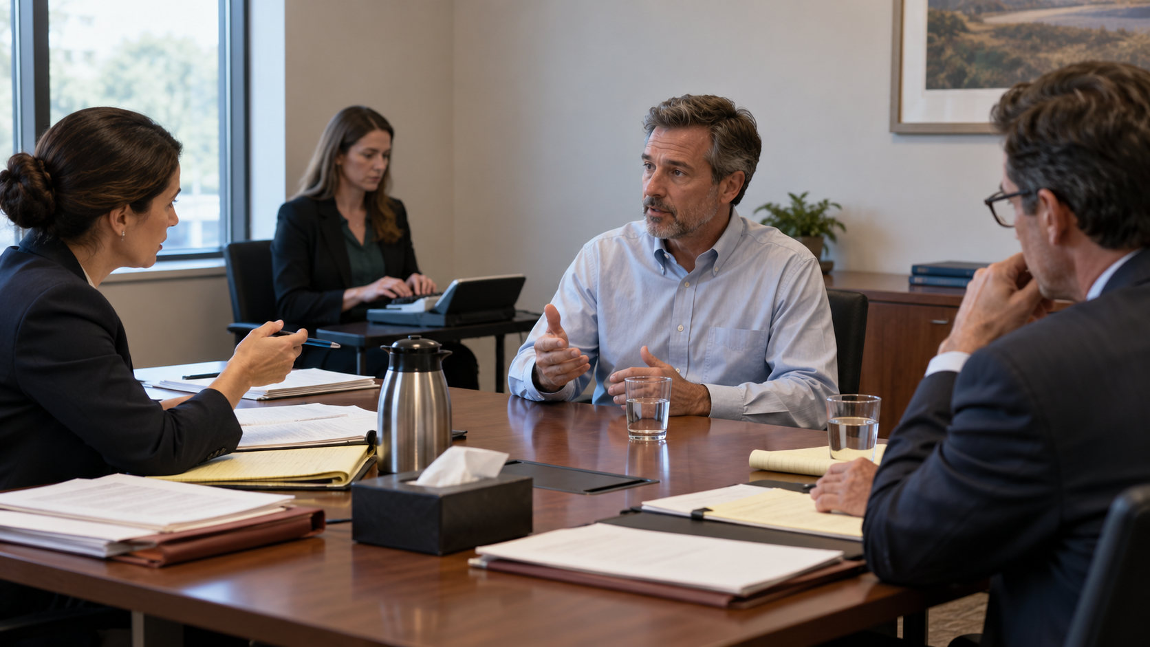 Conceptual realistic civil deposition with a witness, attorneys, and stenographer