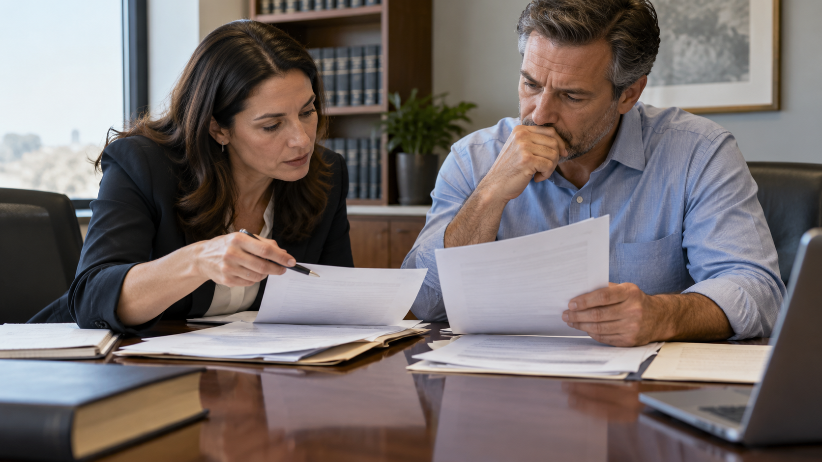 Conceptual realistic image of an attorney and client reviewing written discovery questions